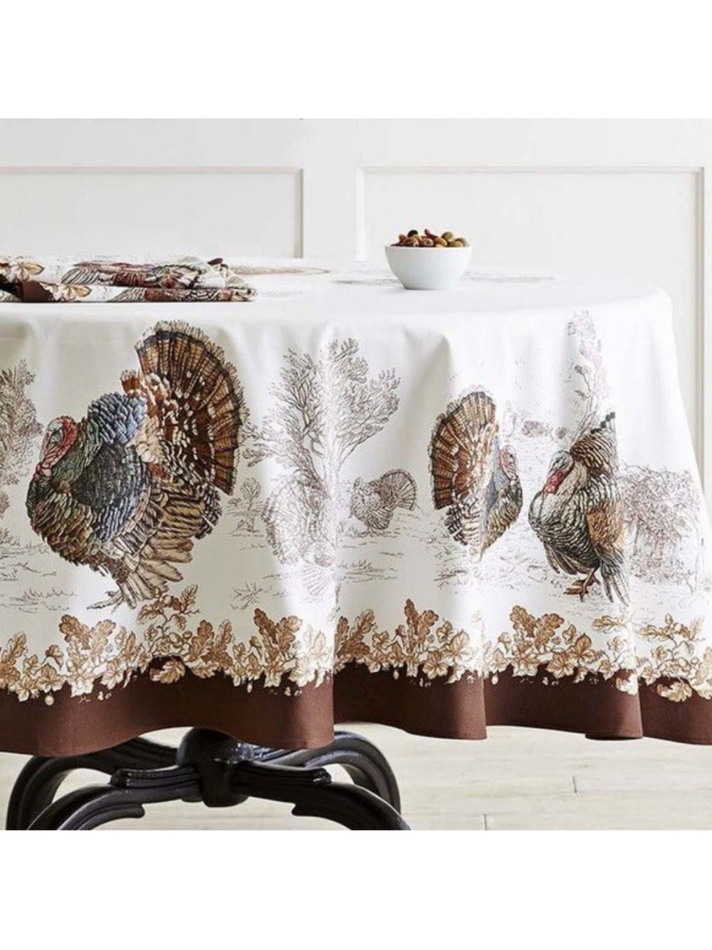 Williams Sonoma Plymouth Turkey Tablecloth White Brown Beige Round Fall 90"